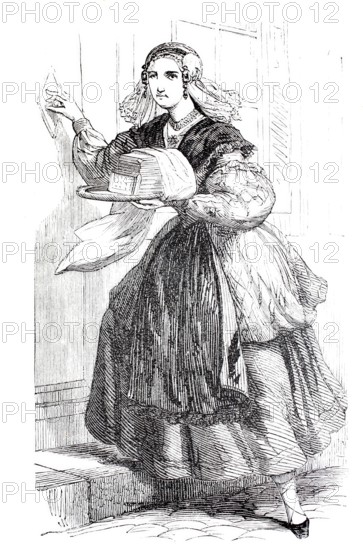 Waffle baker, cake baker, delivering her wares, 1888, Friesland, Germany, Historical, digitally enhanced reproduction of a 19th century original