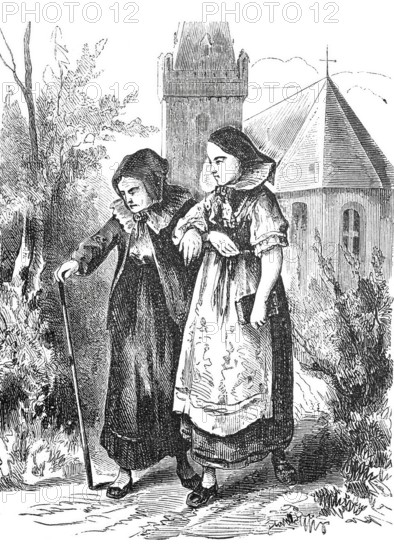 The cane and its use as a support in old age, 1888, Historical, digitally enhanced reproduction of a 19th century model