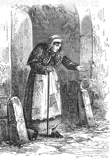 The cane and its use, as a begging stick, begging stick, 1888, Historical, digitally enhanced reproduction of a 19th century model