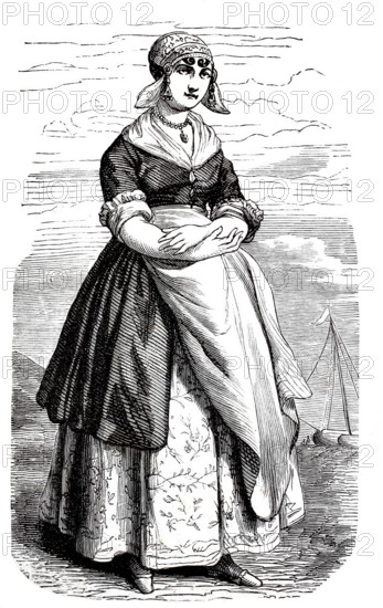 Costume of a fisherman's woman in South Holland, around 1880, Historical, digitally enhanced reproduction of a 19th century model