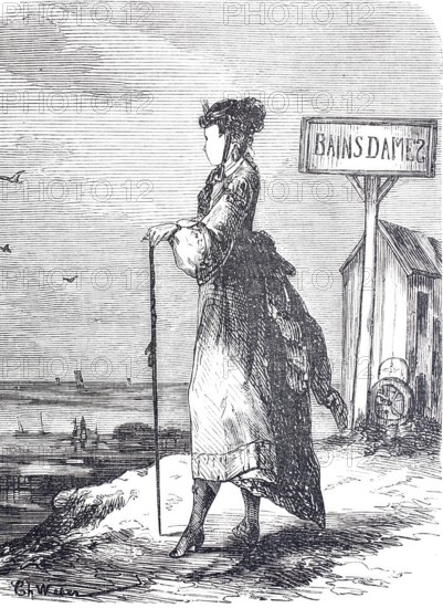 The cane and its use, as a fashion prop in a French seaside resort, 1888, Historical, digitally enhanced reproduction of a 19th century model
