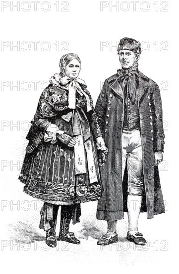 Traditional traditional costume, farmer and farmer's wife from the Pyritzer Weizacker around 1880, western part of Hinterpommern or East Pomerania, Germany, today Poland, Historical, digitally enhanced reproduction of a 19th century model