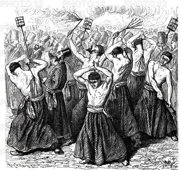 Scene from a Muharram procession, Muharram is the first month of the Islamic calendar and one of the four holy months of the year in Islam, Group of Flagellants, Historical, digitally enhanced reproduction of a 19th century original