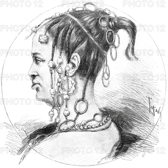 Headdress of a woman from the Peul tribe, Fulbe, nomadic people in Central Africa, around 1880, Historical, digitally enhanced reproduction of a 19th century model