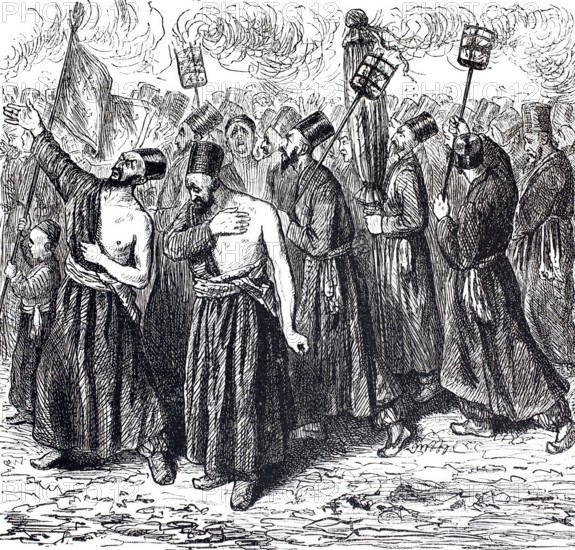 Scene from a Muharram procession, Muharram is the first month of the Islamic calendar and one of the four holy months of the year in Islam, Group of Penitents, Historical, digitally enhanced reproduction of a 19th century original