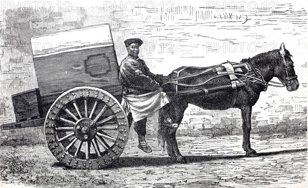 Horse-drawn cart of a Chinese farmer, digitally enhanced reproduction of a 19th century model, historical, exact date unknown