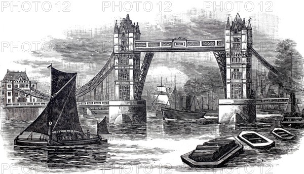 The Tower Bridge over the Thames in London, around 1850, England, digitally enhanced reproduction of a 19th century model, historical, exact date unknown