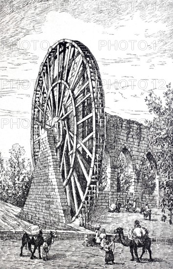 Water scoop wheel, Noria, on the Orontes in Hama in Syria, digitally enhanced reproduction of a 19th century model, historical, exact date unknown
