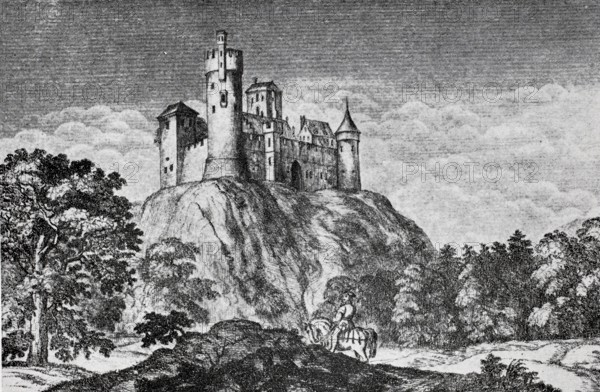 Burgstall Altenkünsberg, also called Kindesberg, an abandoned castle in the district of Neuhof near Altenkünsberg, demolished in 1791, district of Bayreuth in Bavaria, Germany, digitally improved reproduction of a 19th century model, historical, exact date unknown