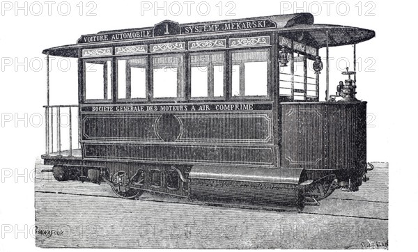 Tramcar system Mekarski, driven by compressed air, compressed air tram, around 1900, Paris, France, digitally improved reproduction of a 19th century model, historical, exact date unknown