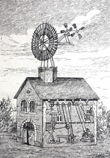 Wind motor for agricultural purposes, millstone, mill, around 1890, digitally improved reproduction of a 19th century model, historical, exact date unknown