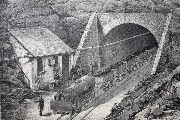 Construction site for the St Gotthard tunnel, Gotthard tunnel, Galleria del San Gottardo, removing the rock debris, construction site around 1875, Switzerland, digitally enhanced reproduction of a 19th century model, historical, exact date unknown