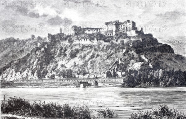 Rheinfels Castle is the ruin of a Spornburg on a ridge between the left bank of the Rhine and the Gründelbach valley above St. Goar, around 1888, Rhineland-Palatinate, Germany, Historical, digitally enhanced reproduction of a 19th century original