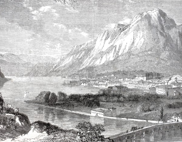 View of Lecco on Lake Como, c. 1888, Lombardy, Italy, Historical, digitally enhanced reproduction of a 19th century model