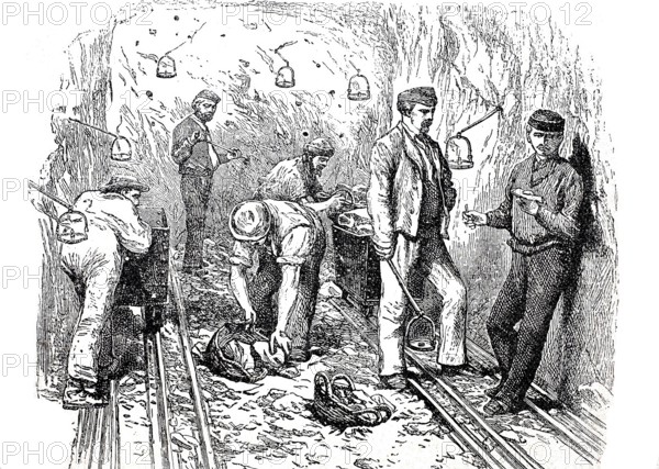 Tunnel construction, removal of rock debris during the construction of the Mont-Cenis tunnel, a 13.7 kilometre long railway tunnel in the Alps between the French Maurienne valley and the Italian Susa valley, around 1865, digitally enhanced reproduction of a 19th century model, historical, exact date unknown