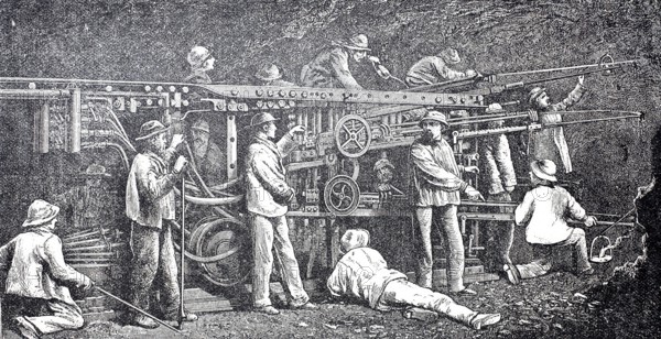 Tunnel boring machine for the Mont-Cenis tunnel, a 13.7 kilometre long railway tunnel in the Alps between the French Maurienne valley and the Italian Susa valley, around 1865, digitally enhanced reproduction of a 19th century model, historical, exact date unknown