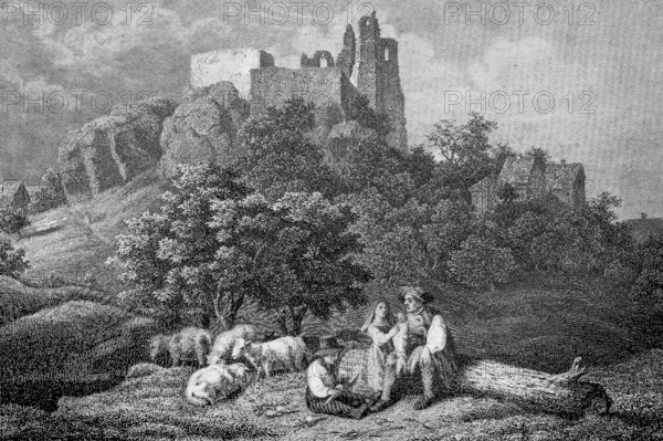 Altenstein Castle in the Middle Ages, castle ruins in Altenstein, district of Haßberge in Lower Franconia, Bavaria, Germany, digitally enhanced reproduction of a 19th century original, historical, exact date unknown