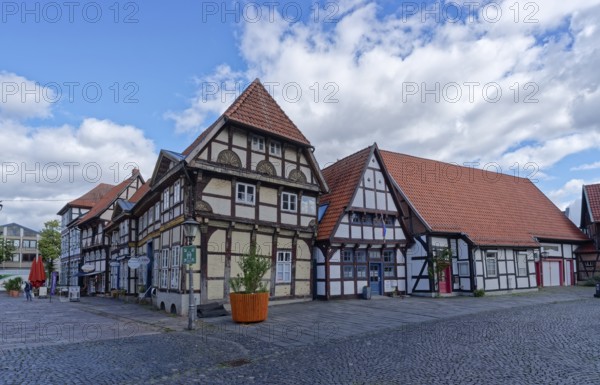 Half-timbered houses on the market square in the historic old town of Nienburg an der Weser. Nienburg, Lower Saxony, Germany