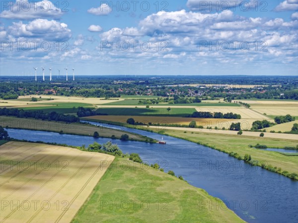 The Weser, a federal waterway, and the lock canal near Verden. Aerial view. Verden, Lower Saxony, Germany