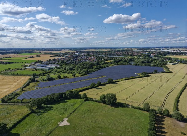 Solar field near Hoya, aerial view. Hoya, Lower Saxony, Germany