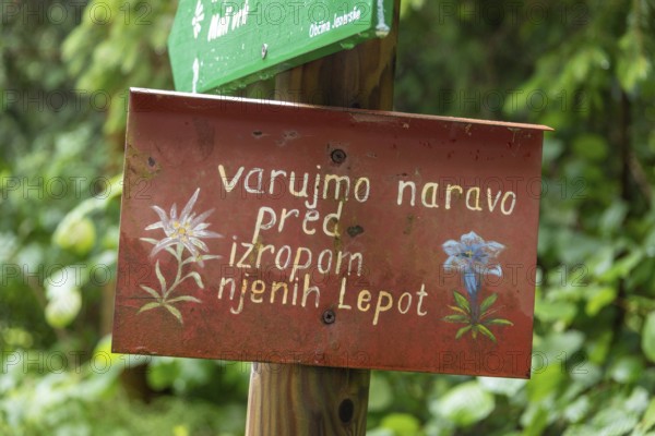 Sign with Slovenian text in front of a green, natural backdrop, Zgornje Jezersko, Gorenjska, Slovenia