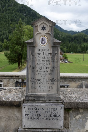 Gravestone with inscription and oval photo portrait in front of forest, Zgornje Jezersko, Gorenjska, Slovenia