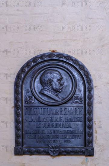Church of St Mary and Willebrord, Otto von Bismarck's baptistery, memorial plaque from 1912, Schönhausen an der Elbe, Saxony-Anhalt, Germany