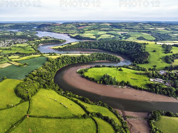 Farms and Fields over River Dart from a drone, Stoke Gabriel, Totnes, Devon, England, United Kingdom