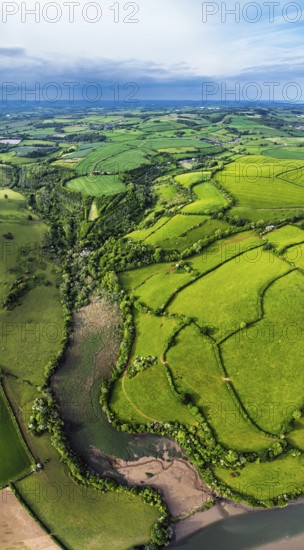 Panorama of Farms and Fields over River Dart from a drone, Stoke Gabriel, Totnes, Devon, England, United Kingdom