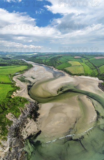 Panorama of Farms and fields over River Emme from a drone, Mothecombe, South Devon, England, United Kingdom