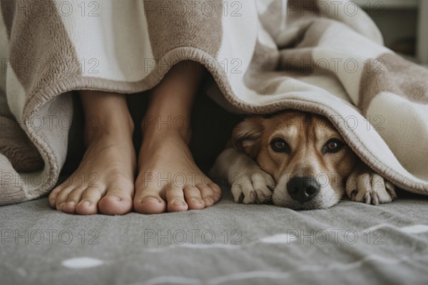Human feet and dog peeking from under same blanket. Cozy moment of human-animal comfort at home. Generative ai, AI generated