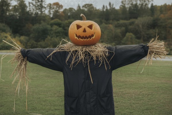 Scarecrow with pumpkin head with carved Halloween face and black jacket. Generative ai, AI generated