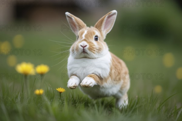 Cute bunny jumping toward camera through green grass. Playful and energetic wildlife moment in nature, AI generated
