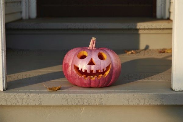 Pink spray-painted Halloween pumpkin with carved face on front porch. Unconventional seasonal decoration representing playful creativity and nontraditional celebration. Generative ai, AI generated