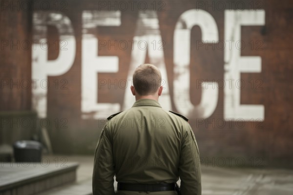 Soldier facing the word Peace painted on a brick wall. Visual metaphor for inner conflict and hope amid military duty. Generative AI, AI generated