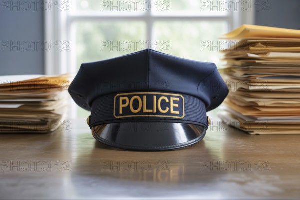 Police hat on wooden desk in modern office. Symbol of law enforcement, authority, and administrative duty, generative ai, AI generated