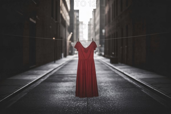 Red dress suspended in empty alley. Visual protest against violence and disappearance of women. Generative ai, AI generated