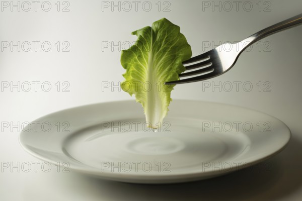 Close-up of fork holding lettuce leaf above white plate on white background. Concept of strict diet and unhealthy eating.. Generative ai, AI generated
