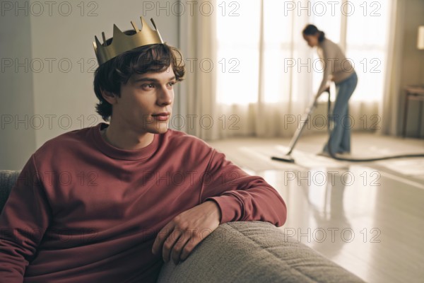 Portrait of teenage son wearing a golden crown while mother vacuums in background. Concept of generational patriarchy and gendered carework imbalance. Generative Ai, AI generated