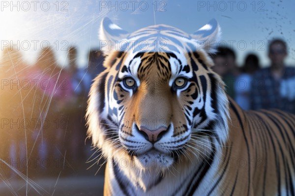 Close-up of a tiger behind scratched glass with reflections of zoo visitors watching. Intense wildlife moment showing captivity and human interaction. Generative ai, AI generated