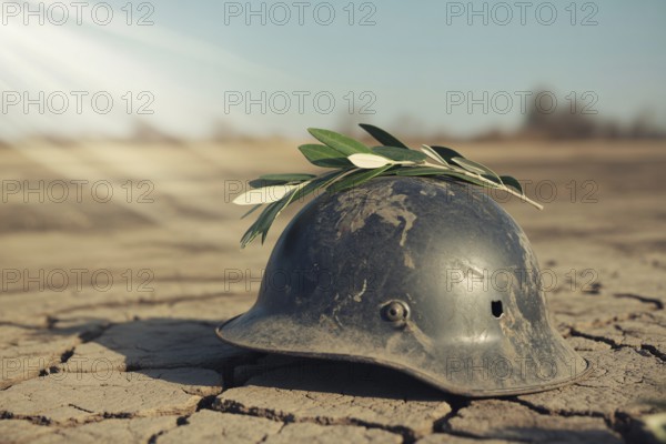Military helmet with olive branch on cracked earth. Symbolic image of peace emerging from the scars of war. Generative Ai, AI generated