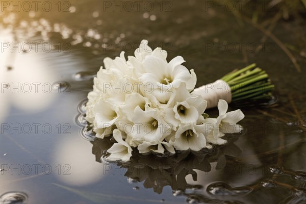 White wedding bouquet submerged in puddle. Evocative image symbolizes lost love and the quiet aftermath of a ruined wedding. Generative AI, AI generated