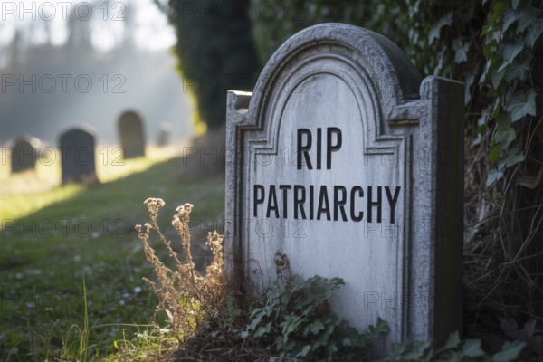 Gravestone engraved with RIP Patriarchy. Concept for feminism and social change. Generative ai, AI generated