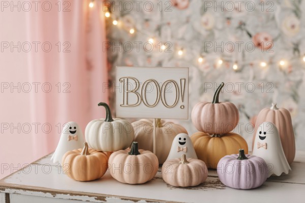 Pastel Halloween decoration with cute ghosts and decorative pumpkins. Whimsical and modern feminine aesthetic. generative ai, AI generated