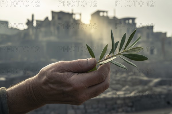 Man's hand holding olive branch against backdrop of war-torn city. Symbol of peace amid destruction. Generative ai, AI generated