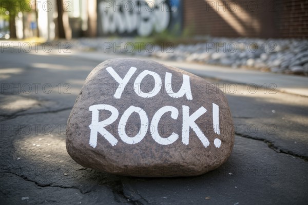 Close-up of a smooth rock on cracked concrete with You rock! handwritten in white chalk. Uplifting encouragement message. Generative Ai, AI generated