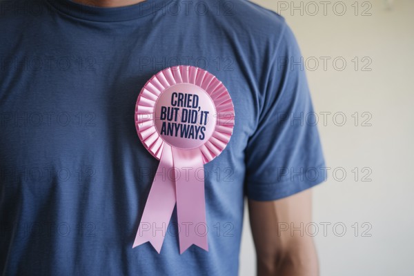 Satirical rosette on men's shirt with text cried, but I did it anyways. Irony of self-congratulation and exaggerated male fragility. Generative AI, AI generated