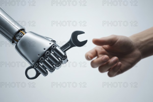 Robot hand with wrench work tool and man's hand. Concept of AI either assisting or replacing human labor. Generative ai, AI generated