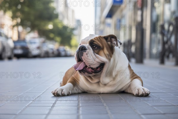 English bulldog lying on pedestrian walk, panting heavily in summer heat. Concept of overheating and heat risks for brachycephalic dog breeds. Generative ai, AI generated