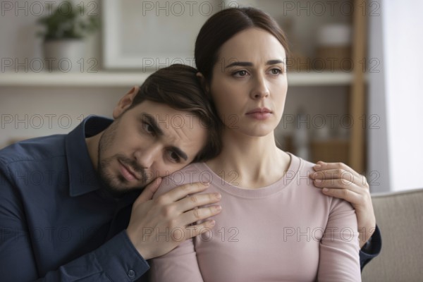Man resting on woman's shoulder while she stares ahead. Concept of mankeeping and the emotional labor women shoulder in relationships. Generative Ai, AI generated
